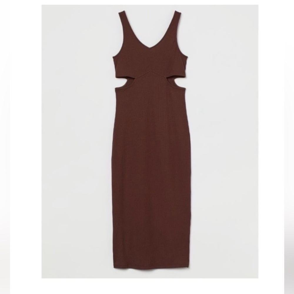 H&M Brown Ribbed Cutout Midi Dress